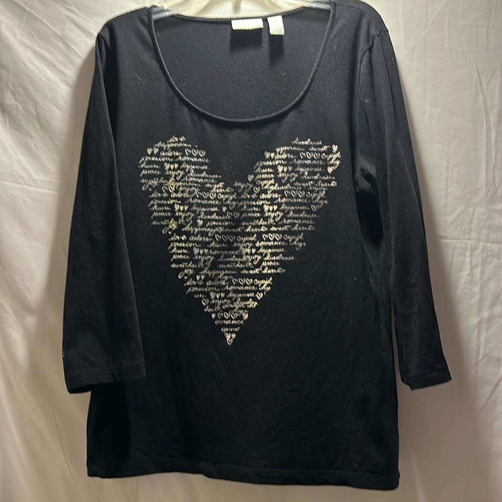 Chicos women’s black T-shirt silver-heart shaped word art 3/4 sleeves, size 8/10